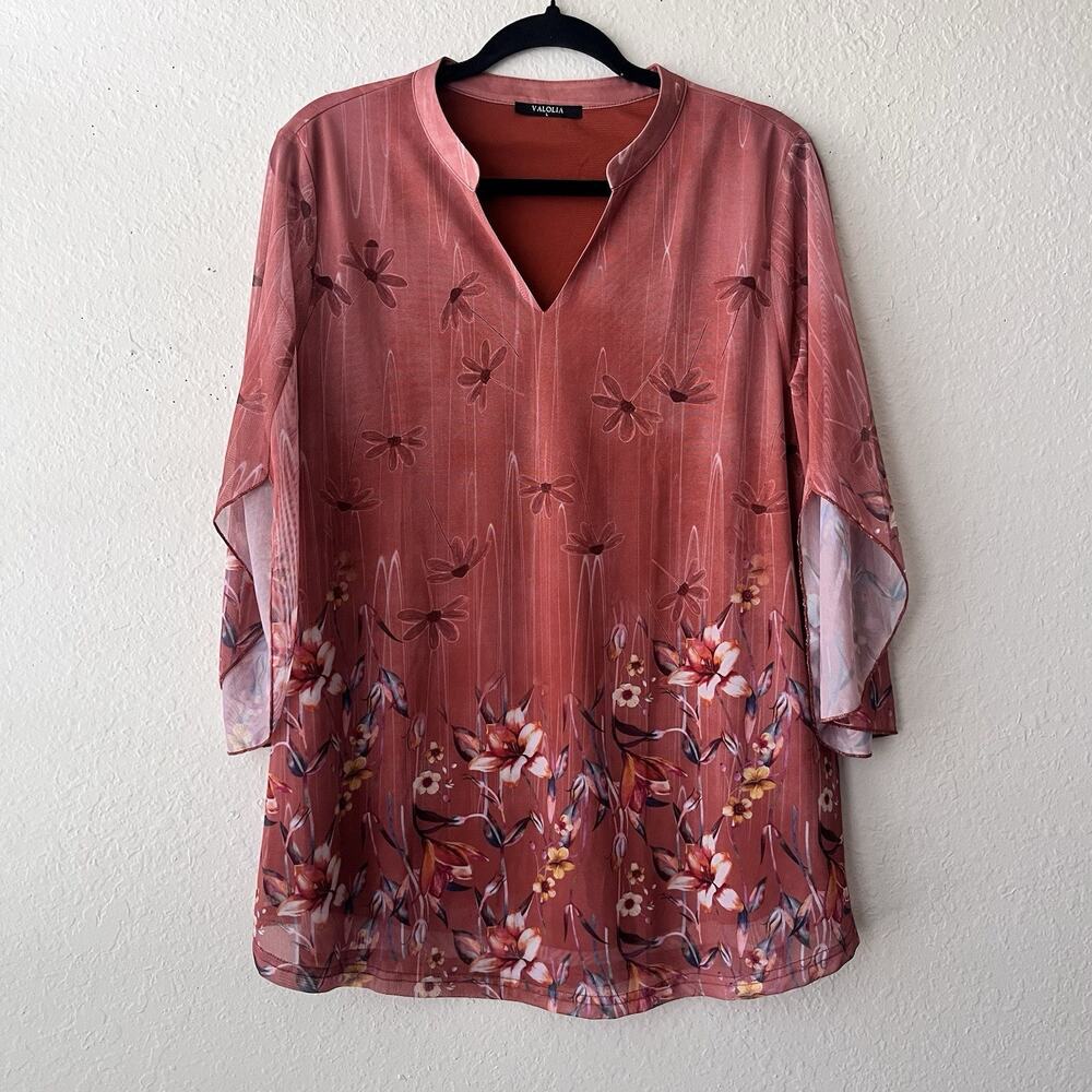 Valolia Women's 3/4 Sleeve Floral Print Orange‎ Blouse Size L